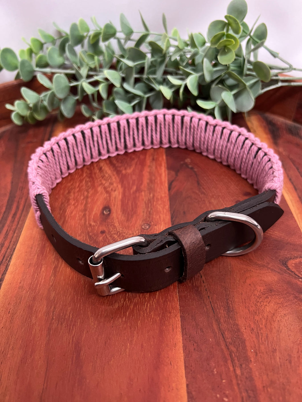 Brown Leather & Primrose Pink Macrame Dog Collar
