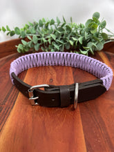 Load image into Gallery viewer, Brown Leather &amp; Lilac Macrame Dog Collar
