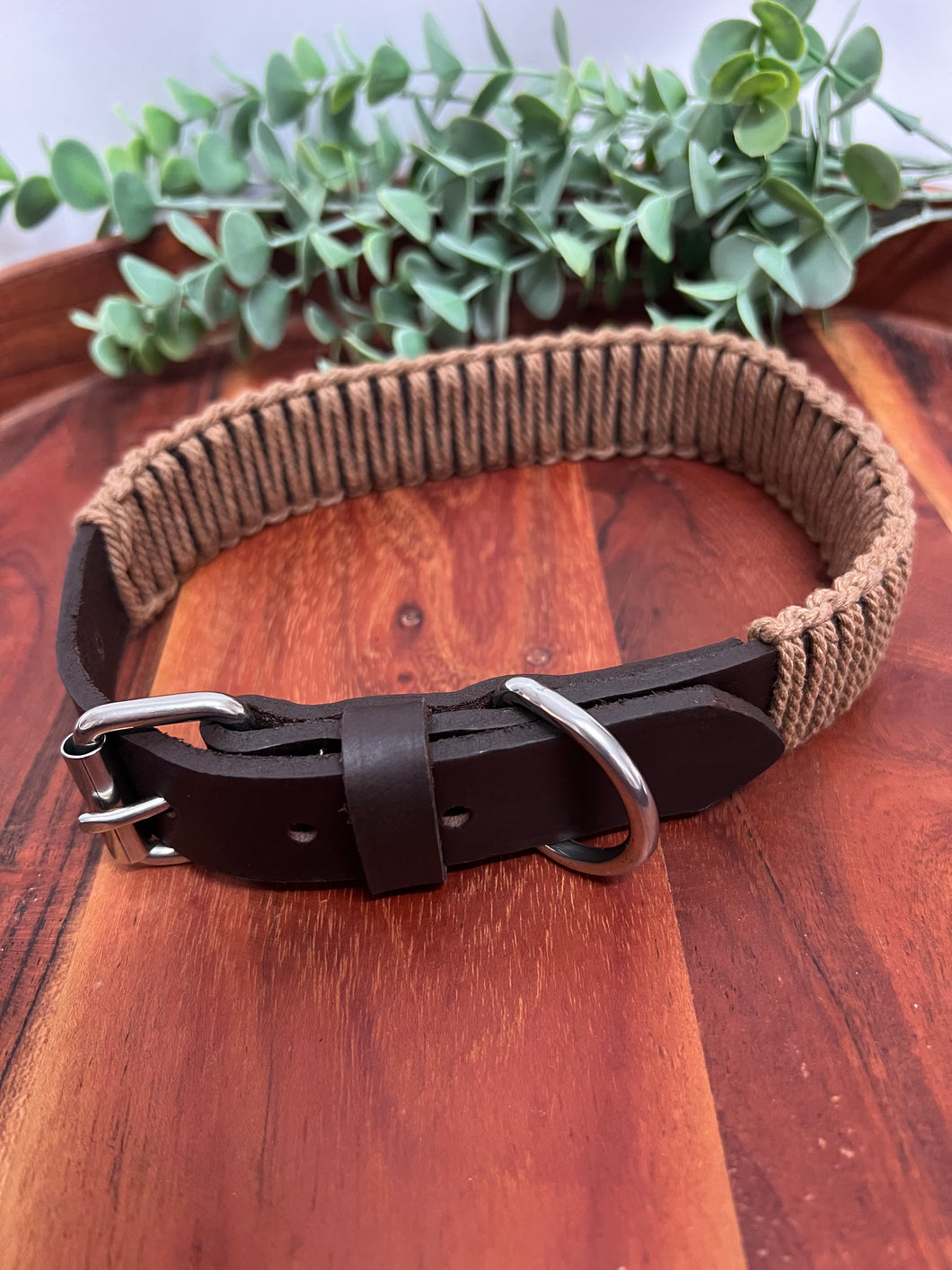 Brown Leather & Camel Macrame Dog Collar