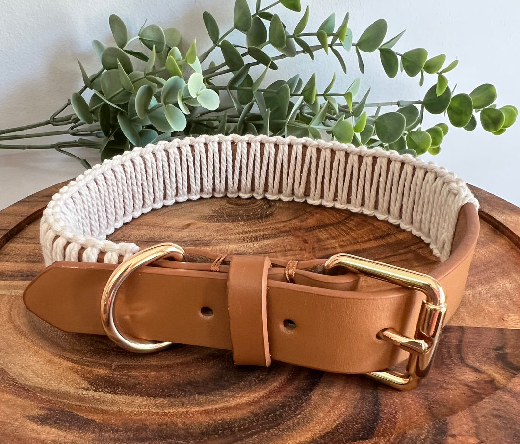 Tan Leather & Natural Macrame Dog Collar